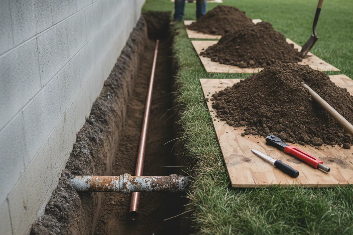 Excavated water line trench during Sewer Line Repair in Belleville